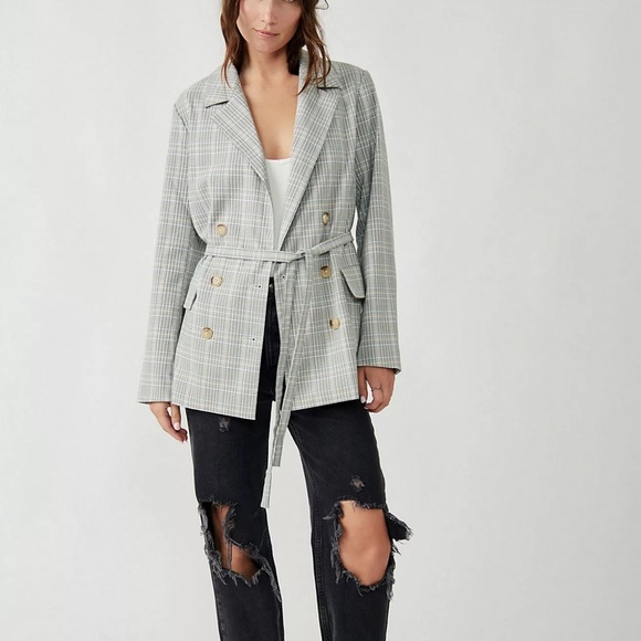Jackets & Blazers - Free People Olivia Printed Blazer Grey Plaid Size Large